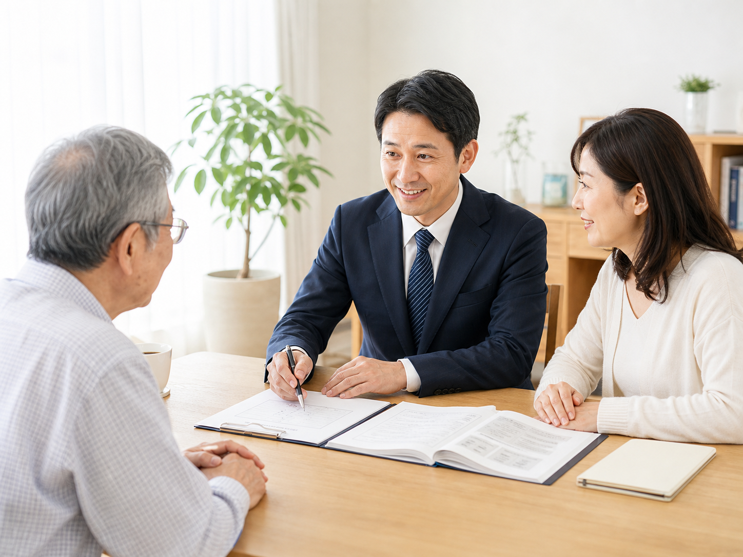 専門家が書類を前に高齢者と家族へ説明している相談風景