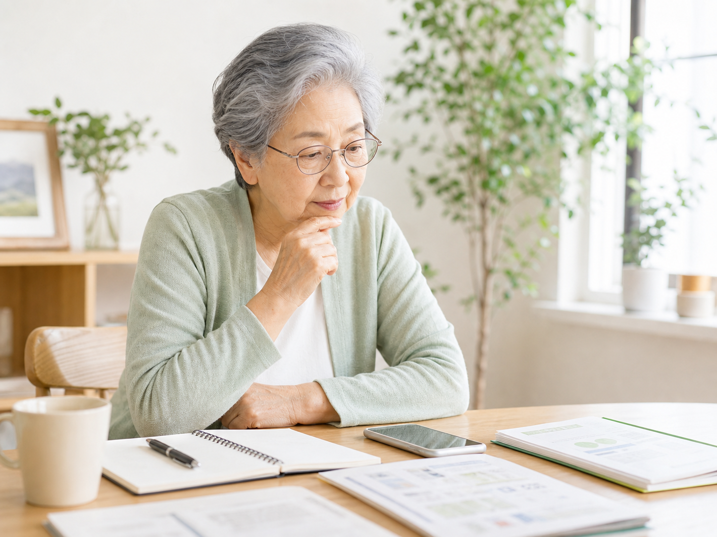 高齢者が自宅で書類とスマートフォンを前に将来の手続きについて考えている様子